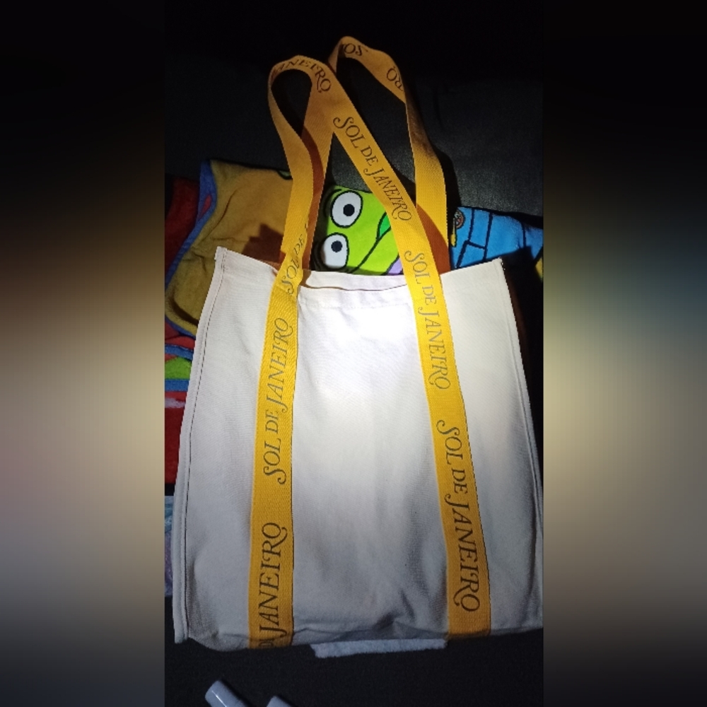 Sol de Janeiro White Tote Bag with Yellow Straps